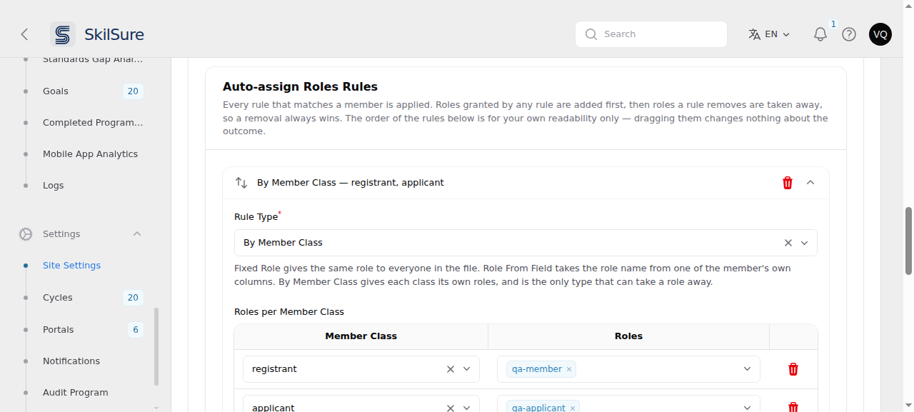 The Auto-assign Roles Rules section with one collapsible rule headed "By Member Class — registrant, applicant", its Rule Type selector set to By Member Class, and a Roles per Member Class table mapping registrant and applicant to their roles.