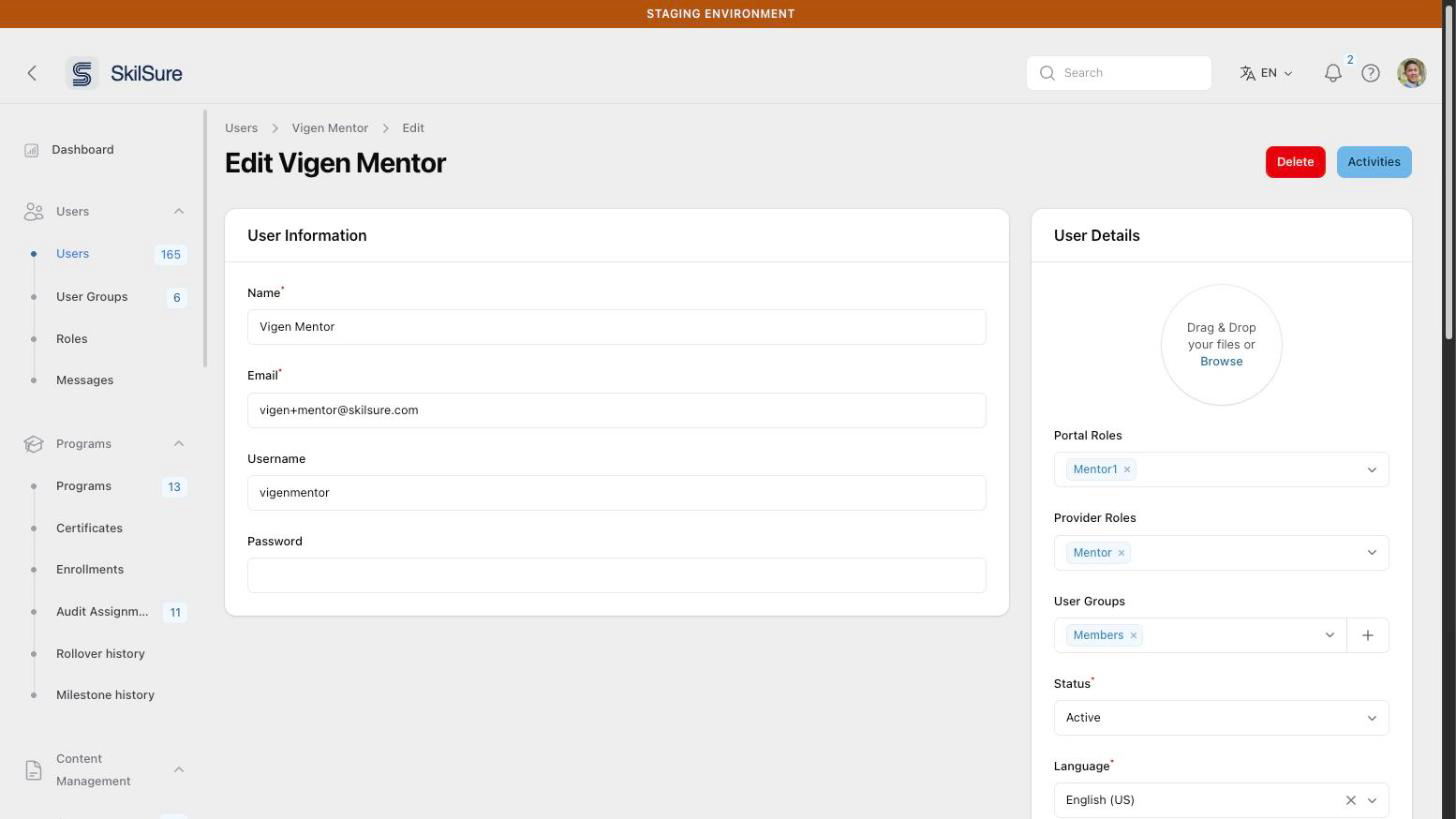 Edit user page with Mentor selected in the Provider Roles field.