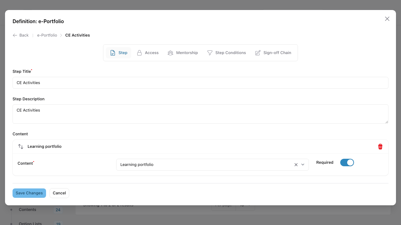 Step edit dialog with Title, Description, Content picker bound to a Learning portfolio item, and a Required toggle.