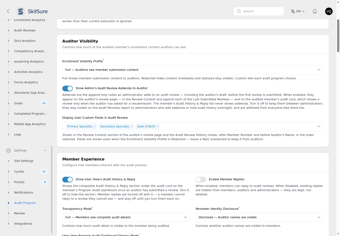 Audit Program Settings, Auditor Visibility section, with Primary Specialty, Secondary Specialty and Date of Birth selected in Display User Custom Fields in Audit Review.