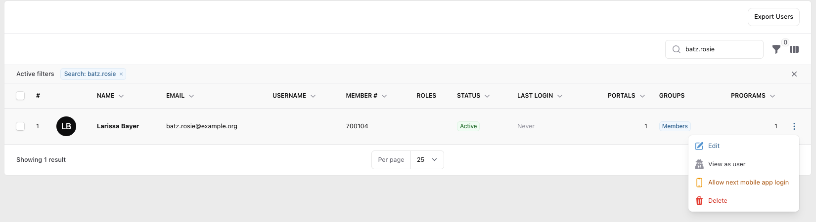 The Users list filtered to one user, with the row's three-dot menu open showing Edit, View as user, Allow next mobile app login, and Delete.