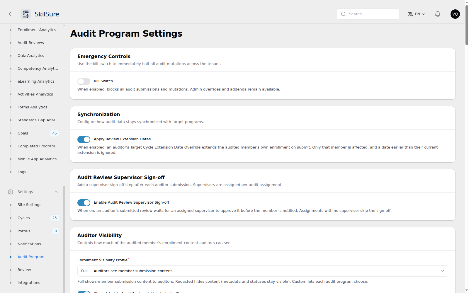Audit Program Settings with the Audit Review Supervisor Sign-off section and its Enable Audit Review Supervisor Sign-off switch turned on.