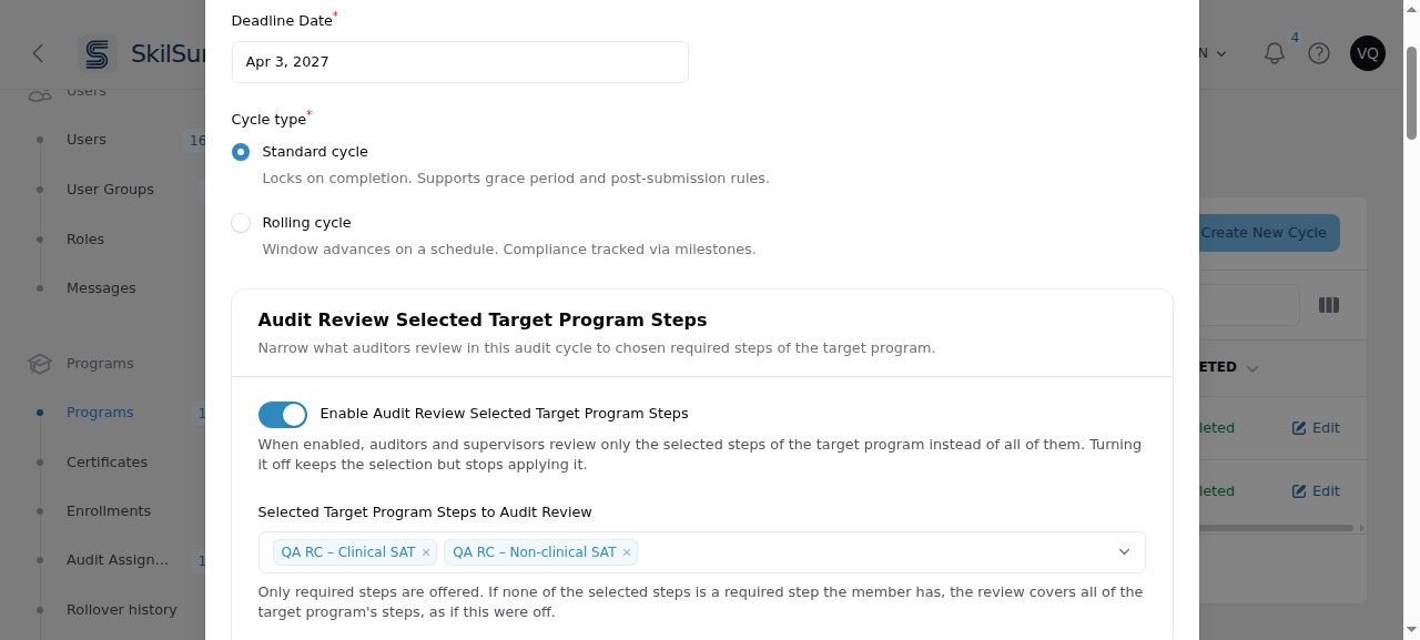 The Audit Review Selected Target Program Steps section in the Edit Program Cycle window, with the switch on and two steps chosen: QA RC – Clinical SAT and QA RC – Non-clinical SAT.