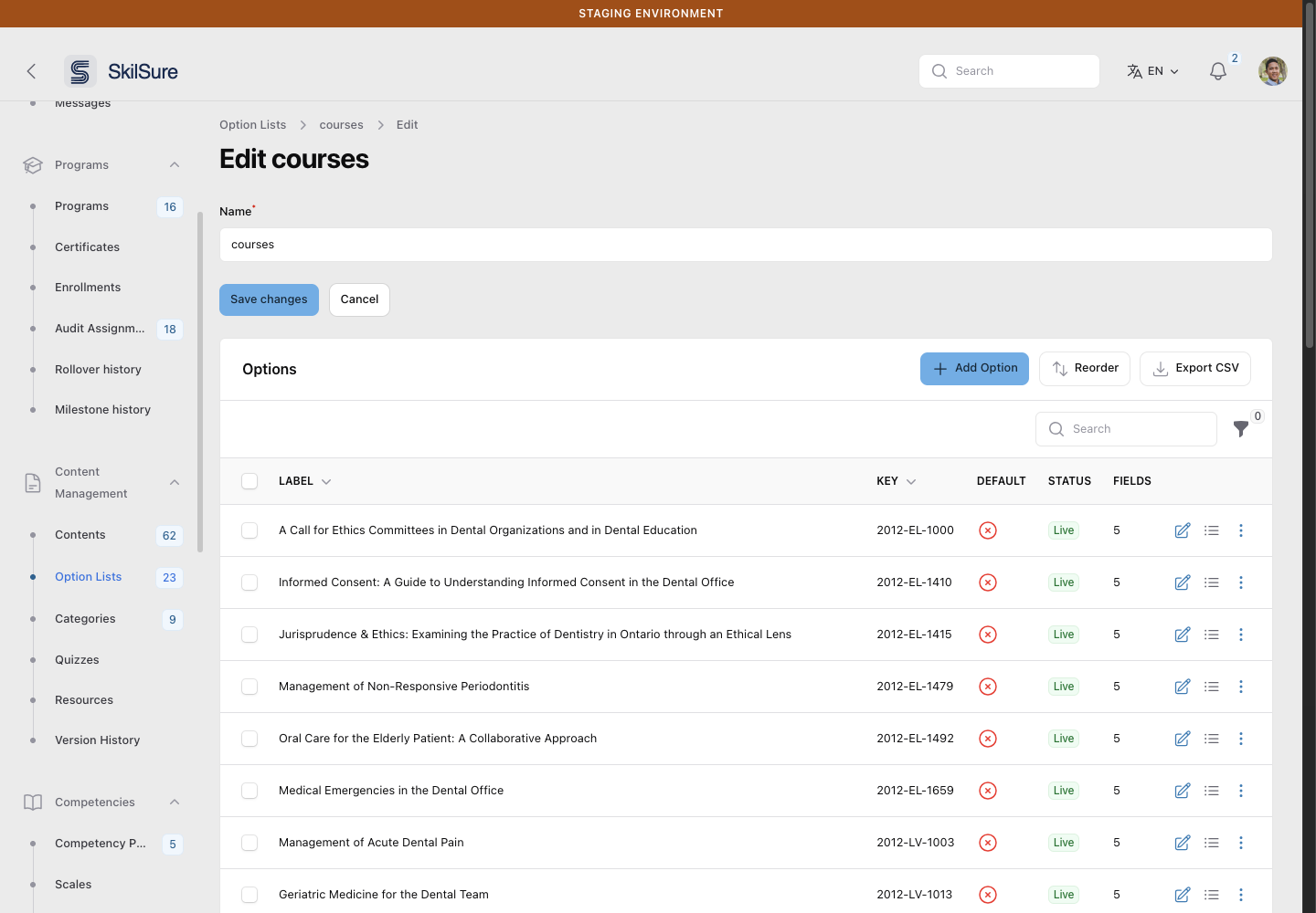 The Edit page of an option list: the Name field with Save changes, then the Options table with Add Option, Reorder and Export CSV buttons, and columns for Label, Key, Default, Status and Fields.