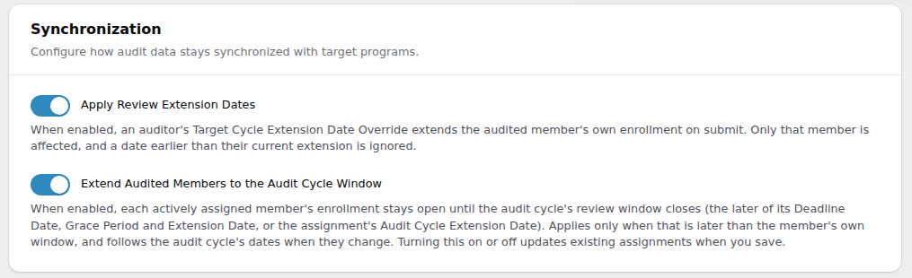 The Synchronization section of Audit Program Settings with two switches: Apply Review Extension Dates, and Extend Audited Members to the Audit Cycle Window, which is on, with its explanation beneath it.