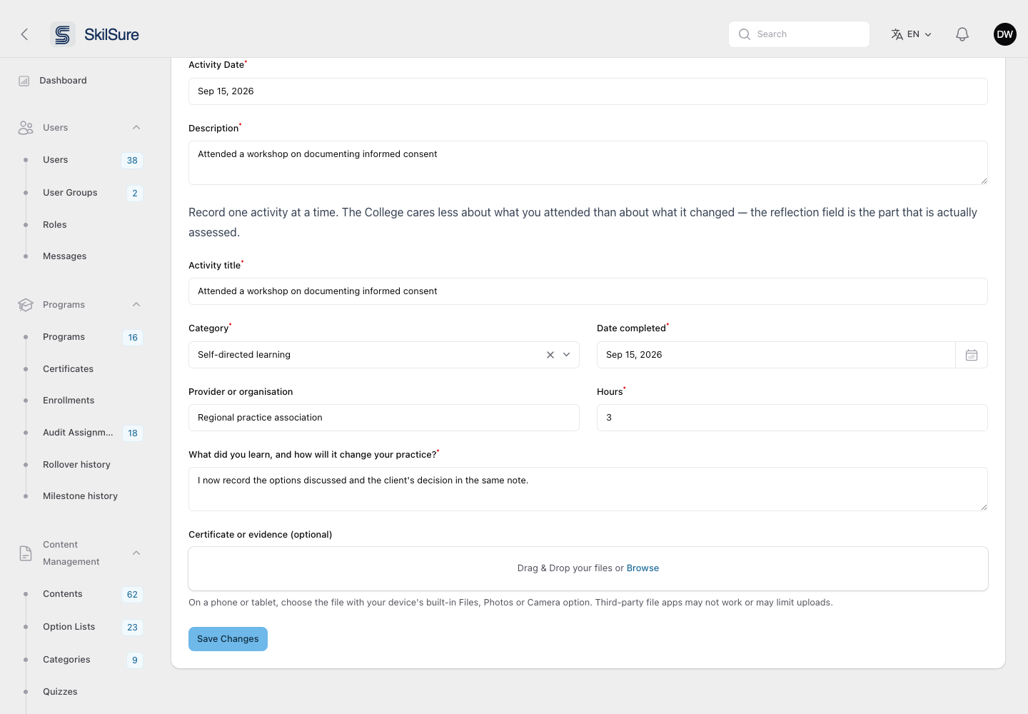 Review Activity page for an administrator who can edit activities: the Activity form fields are editable and a Save Changes button sits below the form.
