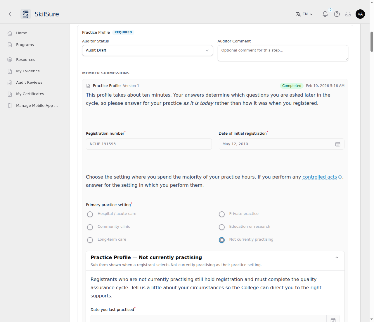 An audit review's Practice Profile step: under Member Submissions, the member's form appears with its introduction, Registration number and Date of initial registration fields, an instruction paragraph, the Primary practice setting choices with "Not currently practising" selected, and the sub-form that choice opens. Every field is greyed out.