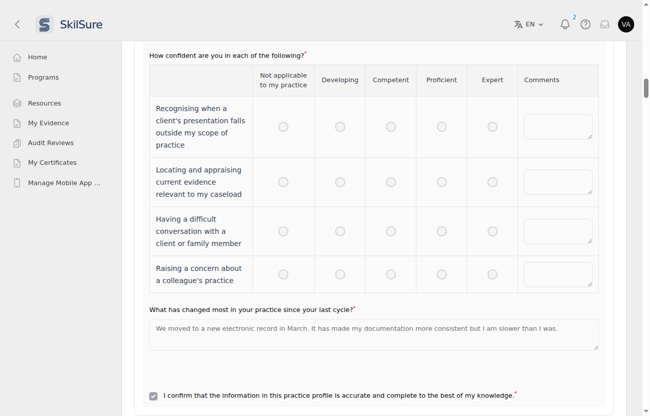 A rating grid inside a member's form on the auditor's review page: four statements as rows, rating columns from "Not applicable to my practice" to "Expert", and a Comments column, followed by a free-text answer and a ticked confirmation checkbox. Every field is greyed out.