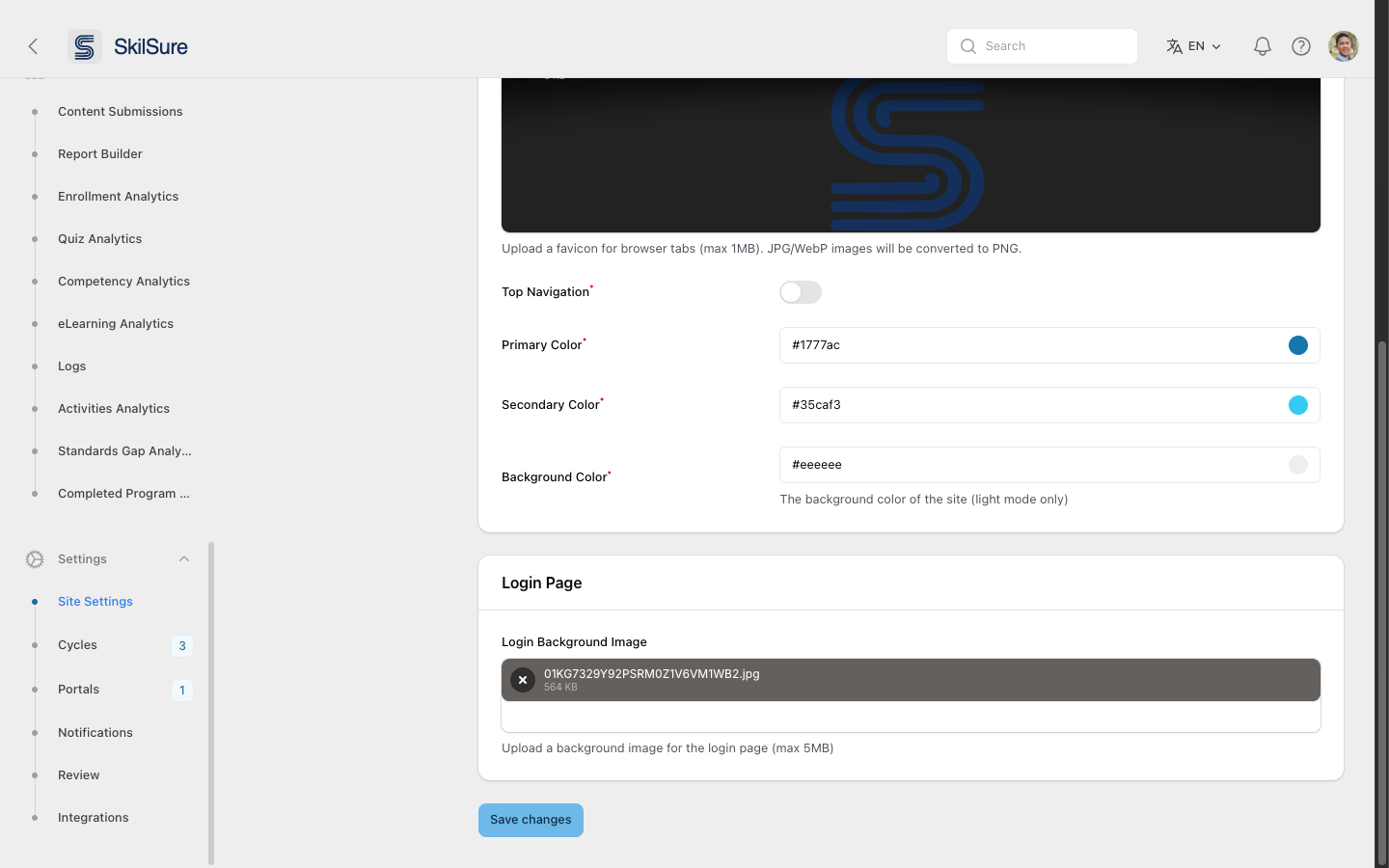 Appearance settings continued — Top Navigation toggle, Primary Color, Secondary Color, Background Color, and Login Page section with the login background image.