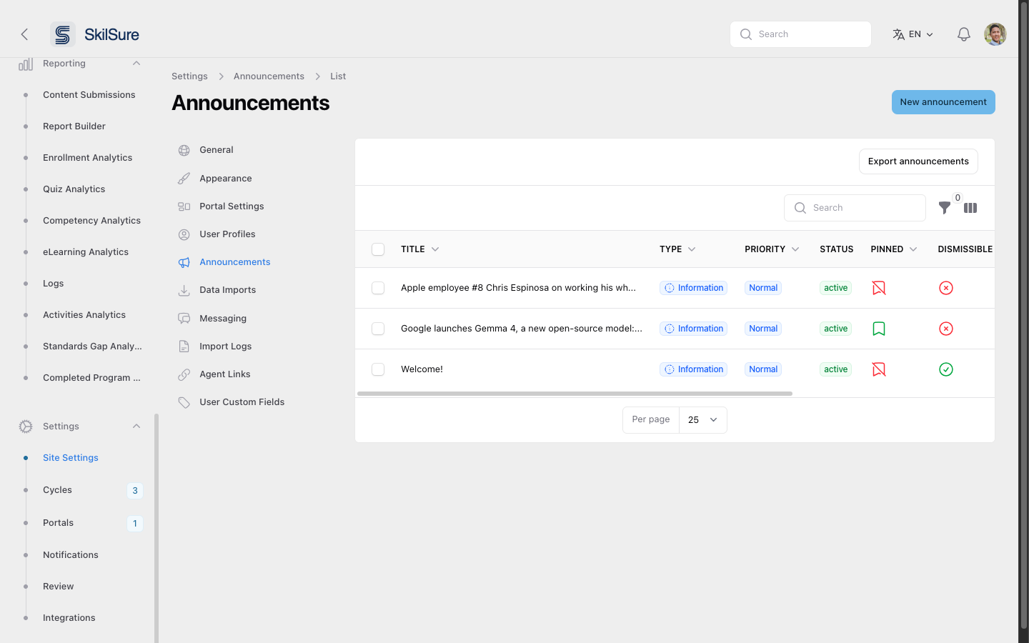 Announcements list page with three sample announcements showing Type, Priority, Status, Pinned, and Dismissible columns.
