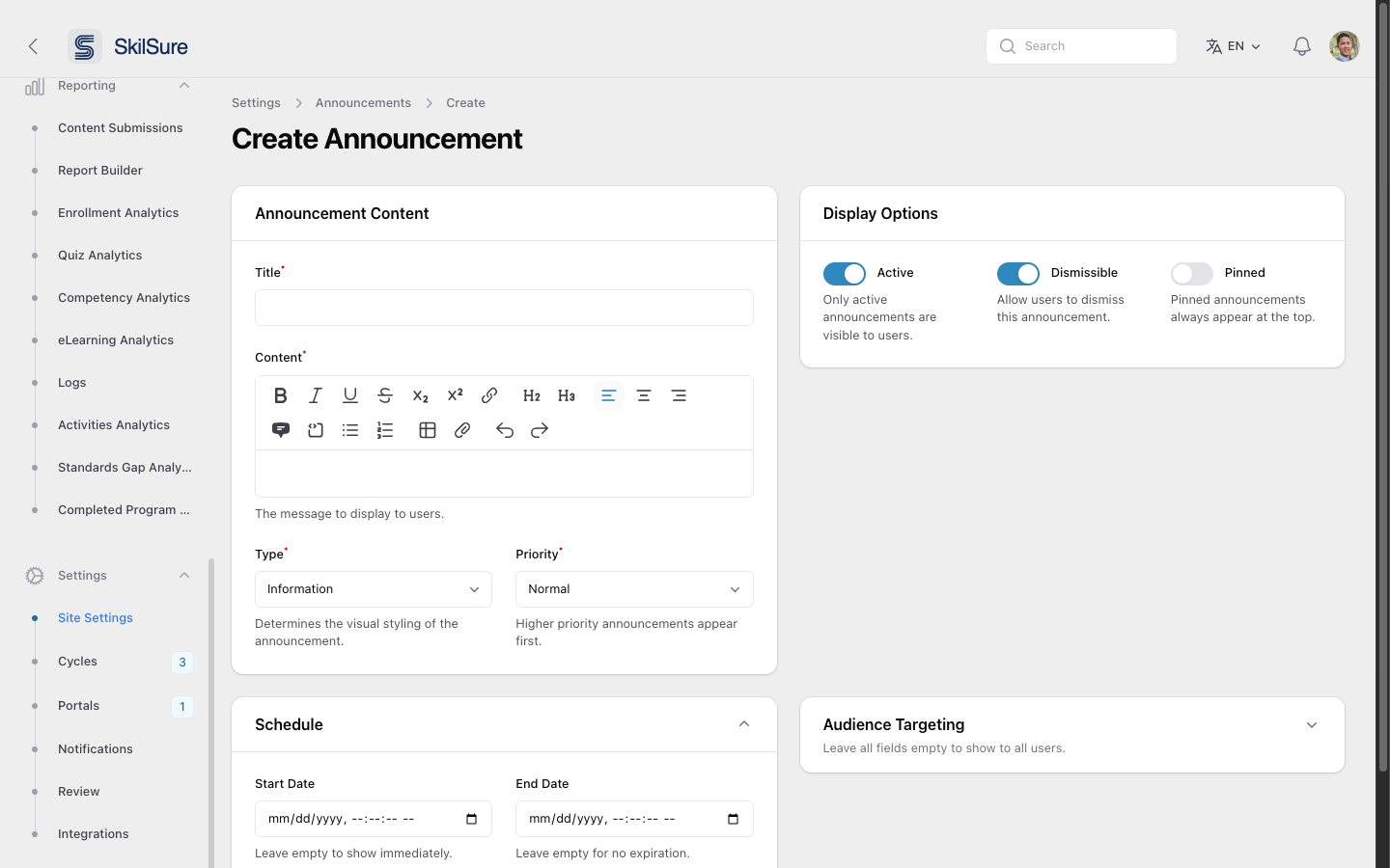 Create Announcement form with Title, Content rich editor, Type, Priority, Display Options (Active/Dismissible/Pinned), Schedule (Start/End dates), and Audience Targeting panels.