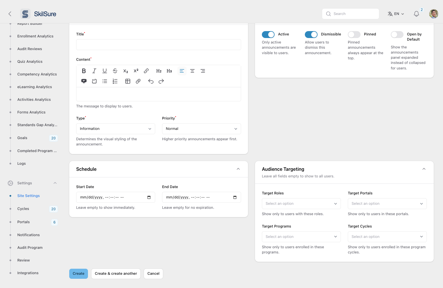 The Audience Targeting panel expanded, showing four multi-select fields in a two-by-two grid: Target Roles, Target Portals, Target Programs and Target Cycles, each empty.