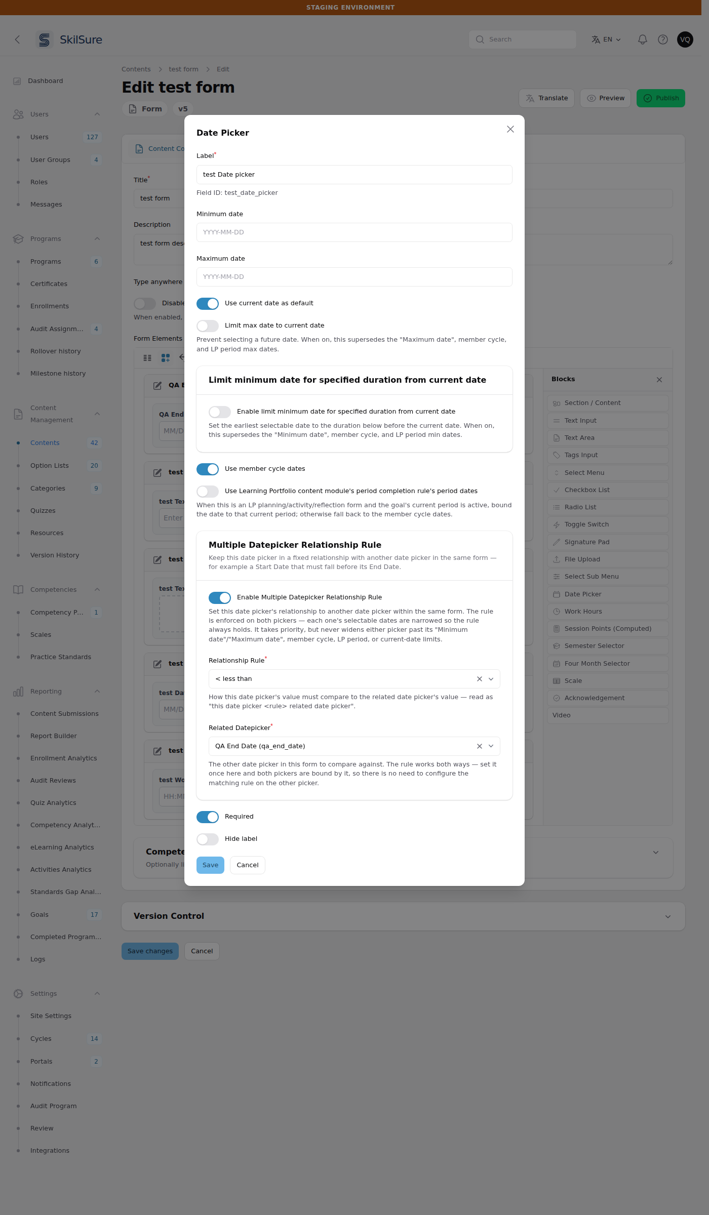 Date Picker block settings with a Multiple Datepicker Relationship Rule section: an enable toggle, a Relationship Rule set to "< less than", and a Related Datepicker set to "QA End Date".