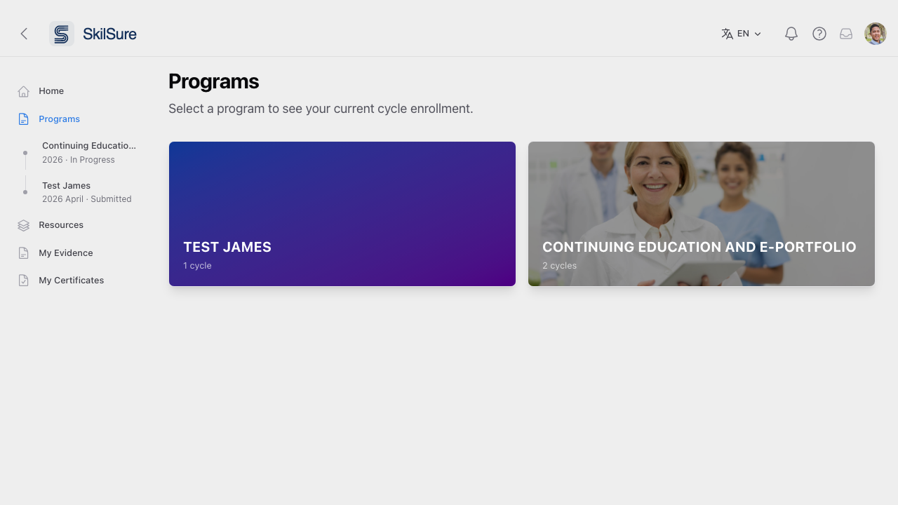 Programs page listing enrolled programs as cards.