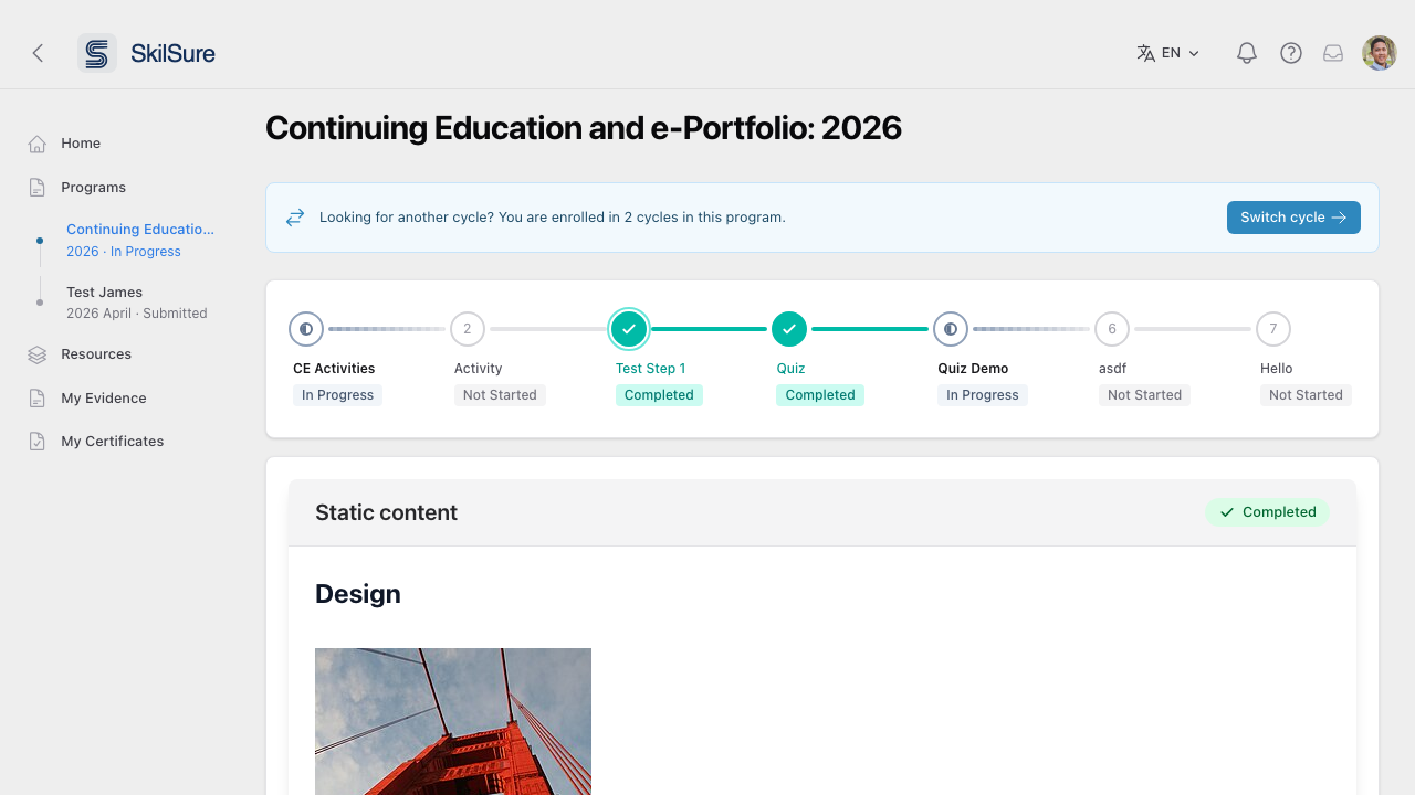 Step view with content body and a complete/submit action.