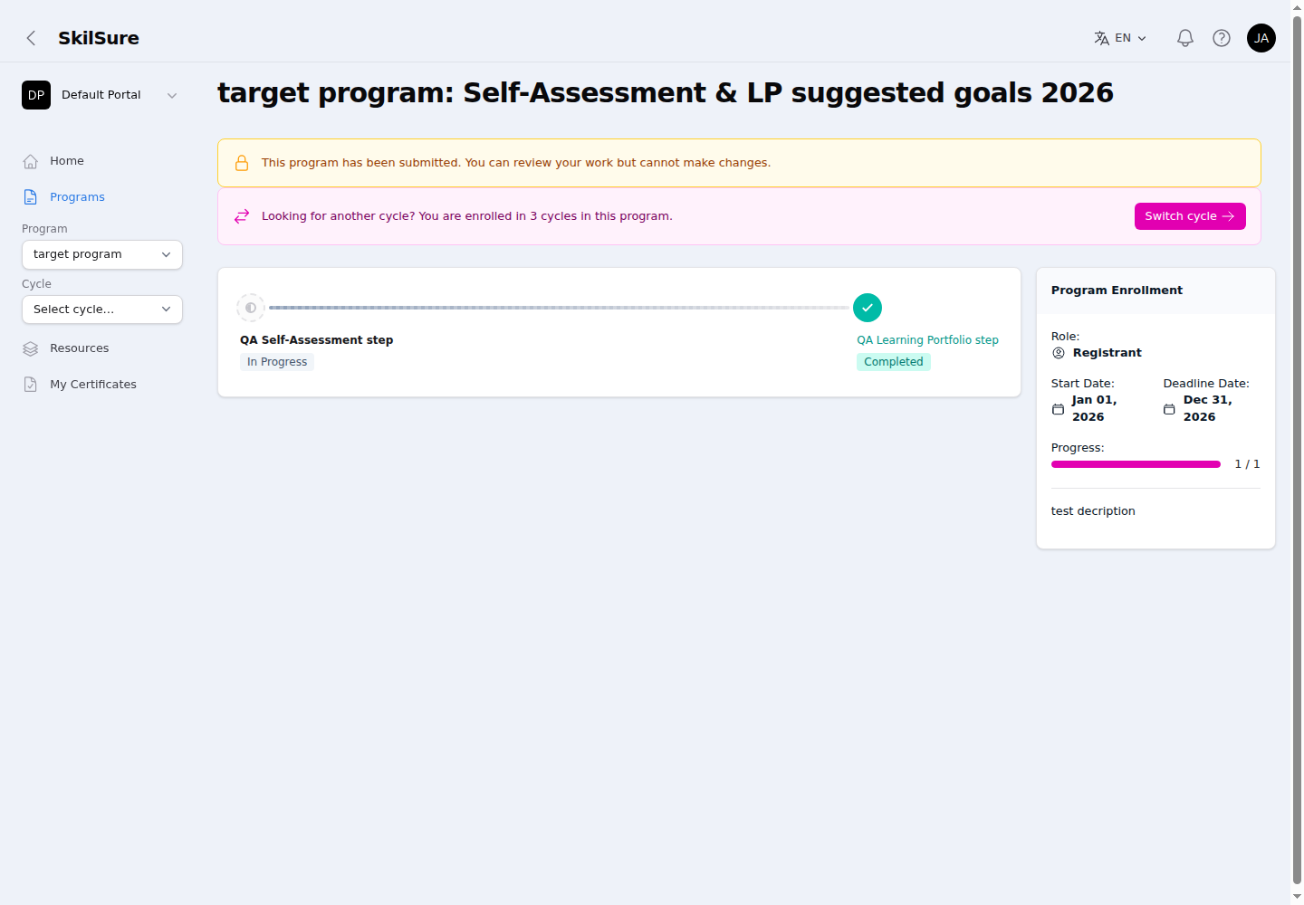 Program detail page showing a step strip with an in-progress step and a completed step, beside a Program Enrollment panel with role, dates, and a progress bar.
