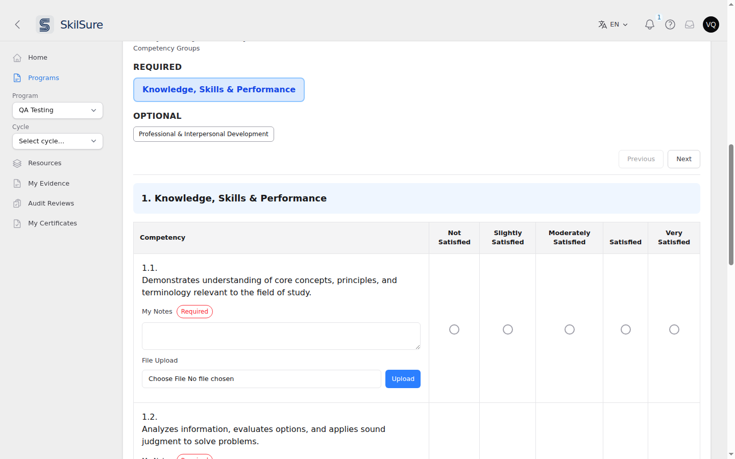 A Competency Rating step. Competency Groups are split into a REQUIRED heading with one group button and an OPTIONAL heading with another, above a rating table with a column per scale point.