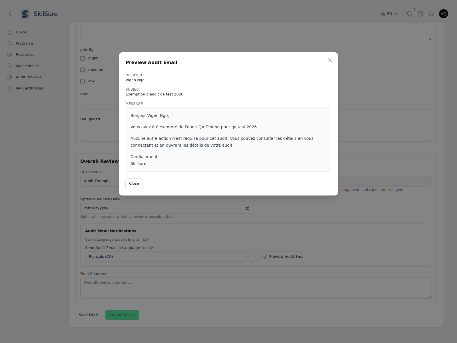 Preview Audit Email modal showing RECIPIENT "Vigen Ngo", SUBJECT "Exemption d'audit qa test 2026" and a French message body, with the language selector behind it set to Français (CA).