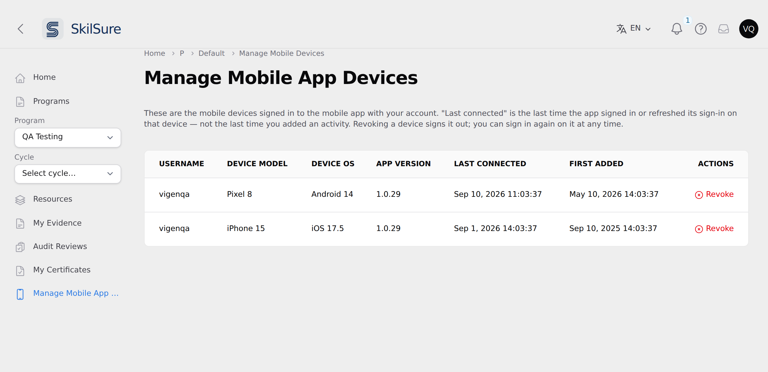 Manage Mobile App Devices page listing two signed-in devices with their username, device model, operating system, app version, and connection dates, each with a Revoke button.