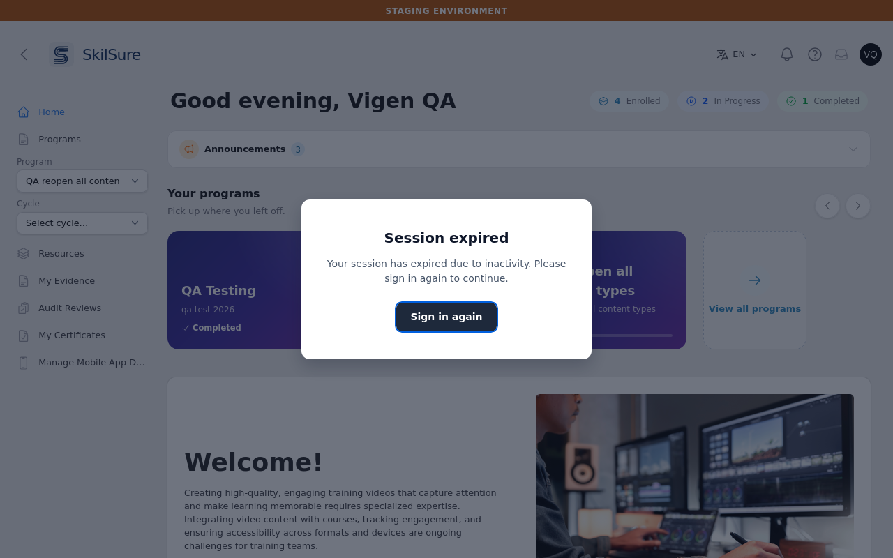 A "Session expired" box over the member home page, reading "Your session has expired due to inactivity. Please sign in again to continue." with a Sign in again button.