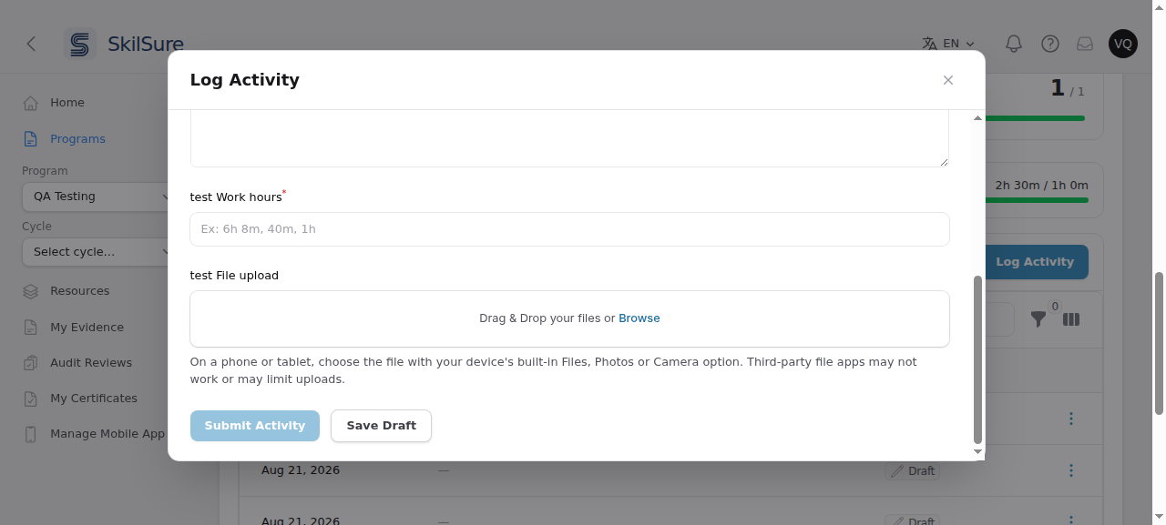 An upload box labelled "test File upload" with "Drag & Drop your files or Browse", and underneath it the reminder: On a phone or tablet, choose the file with your device's built-in Files, Photos or Camera option. Third-party file apps may not work or may limit uploads.