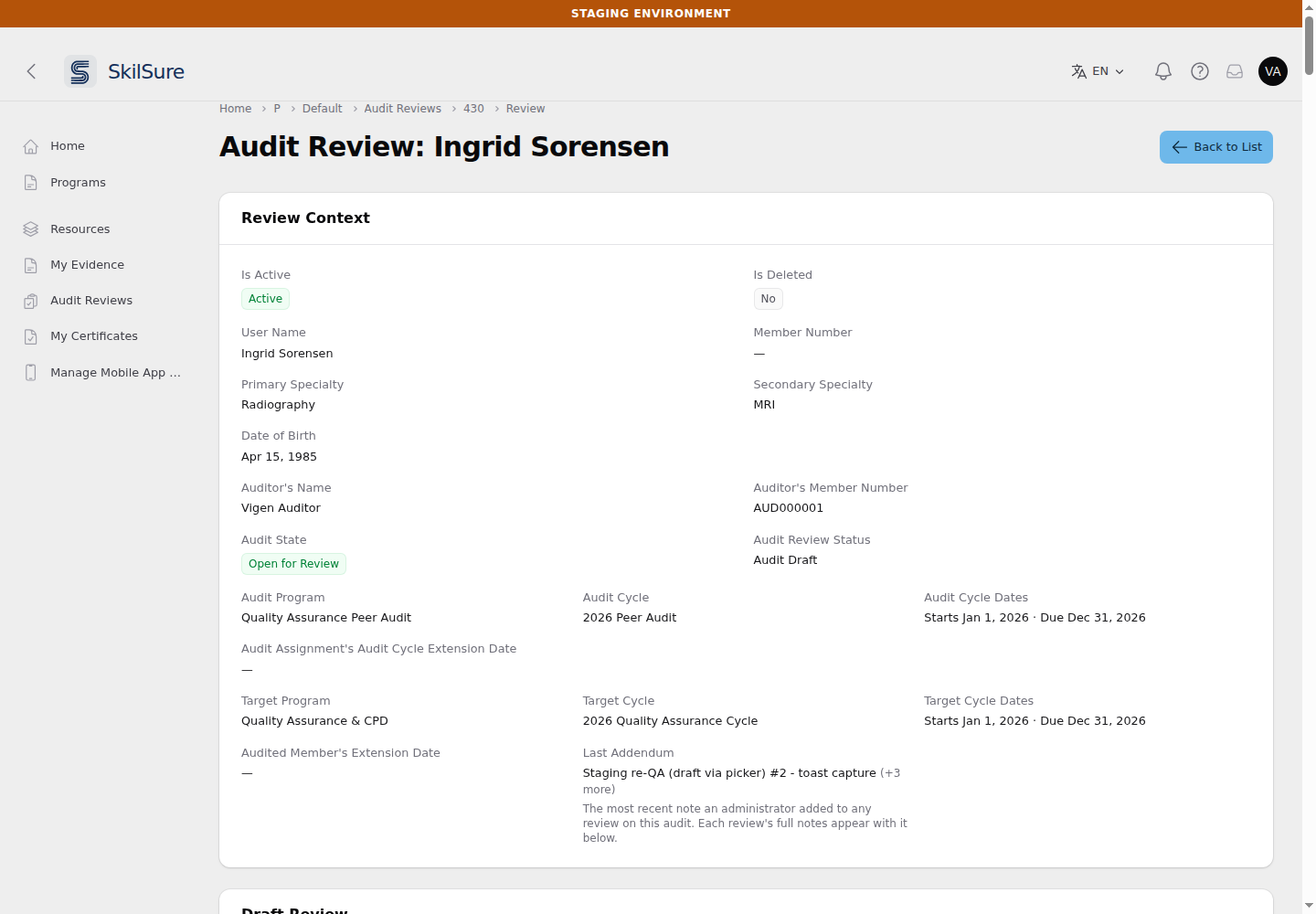 Audit review Review Context showing Primary Specialty, Secondary Specialty and Date of Birth between Member Number and Auditor's Name.