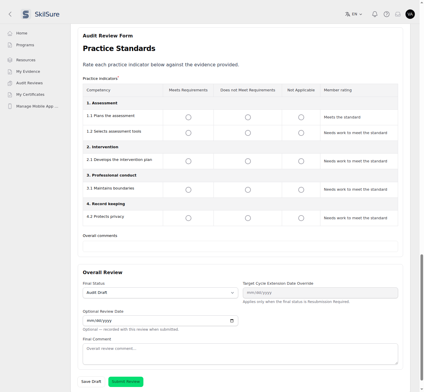 An audit review form with a Practice indicators table listing competencies under their standards, three rating columns to choose from, and the member's rating on the right.