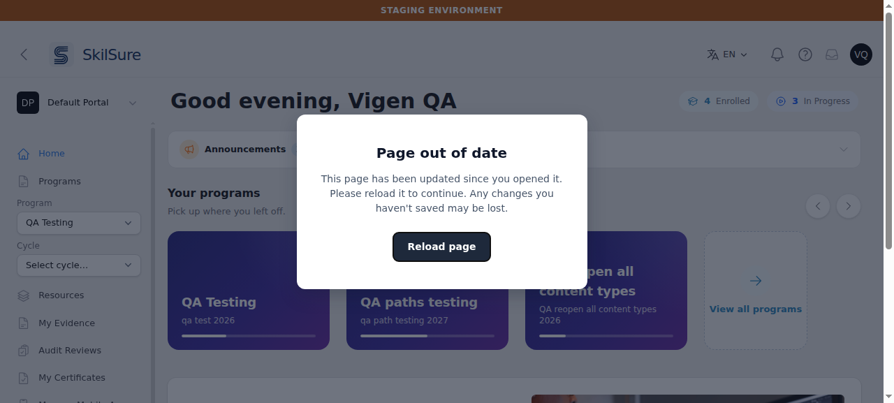 A "Page out of date" box over the member home page, reading "This page has been updated since you opened it. Please reload it to continue. Any changes you haven't saved may be lost." with a Reload page button.