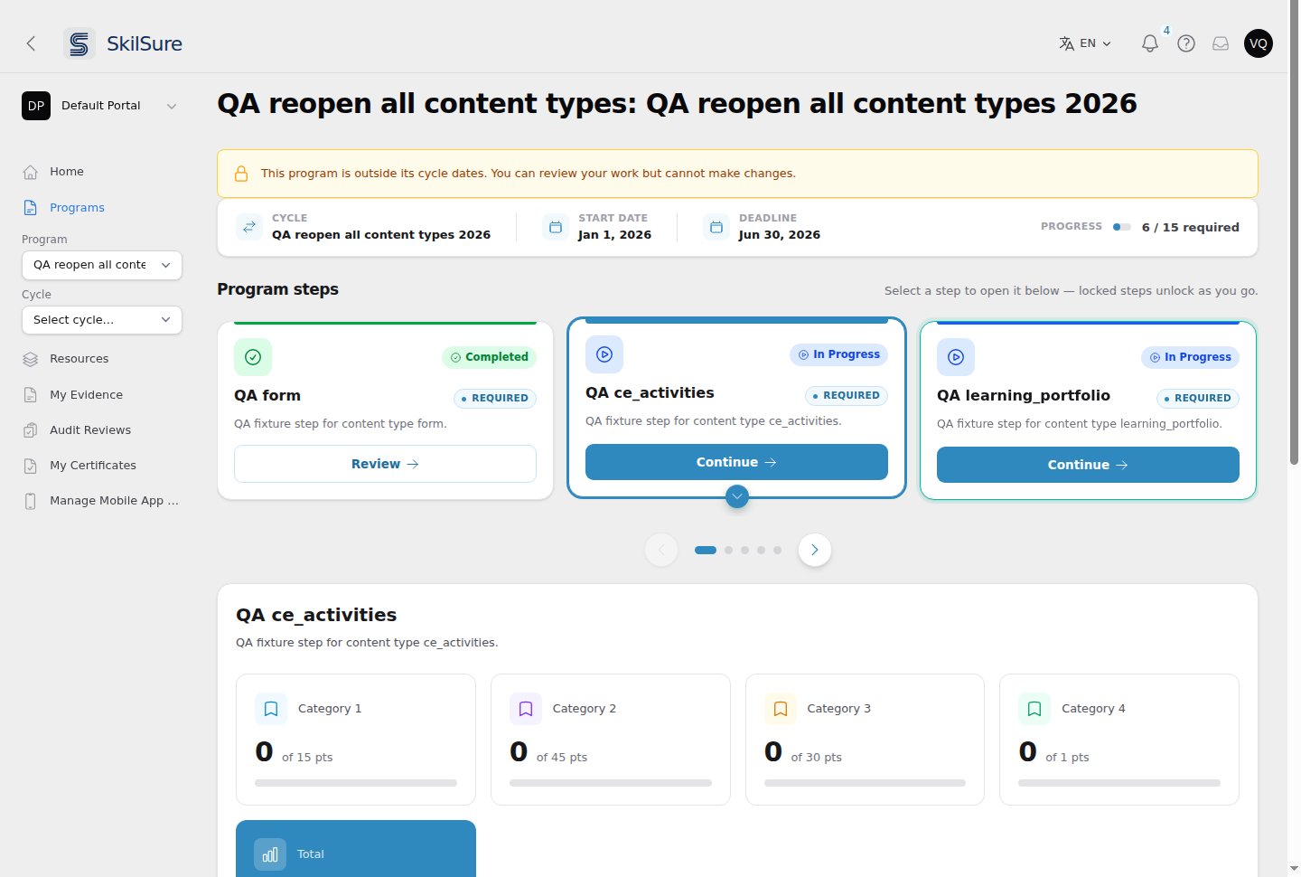 A program page with a yellow banner reading "This program is outside its cycle dates. You can review your work but cannot make changes." above the cycle dates and the step cards.