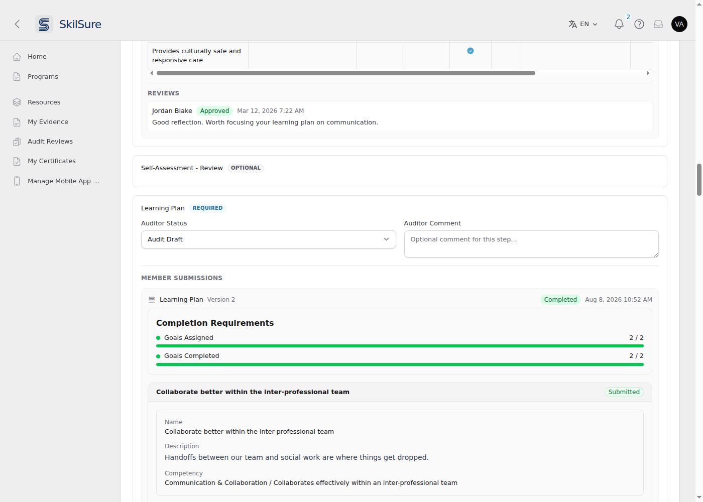 A Learning Plan step on the audit review: Member Submissions shows the Learning Plan submission with a Completion Requirements card reading Goals Assigned 2 / 2 and Goals Completed 2 / 2, above the member's first goal.