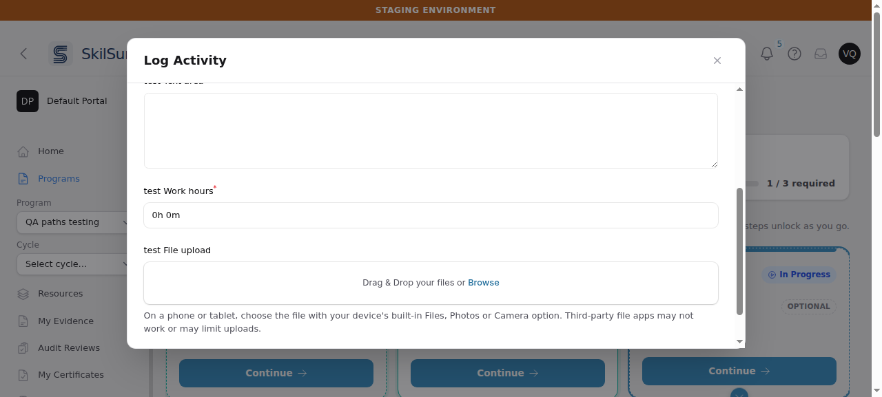 The Log Activity form with a required "test Work hours" field showing 0h 0m.